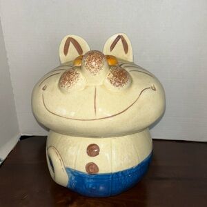 “Alice in Wonderland” Hand-Painted & glaze Cream and Blue Ceramic Cat Cookie Jar